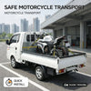 A white pickup truck with a flatbed is shown carrying a motorcycle, demonstrating safe motorcycle transport.