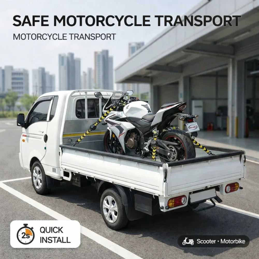 A white pickup truck with a flatbed is shown carrying a motorcycle, demonstrating safe motorcycle transport.
