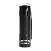 A black rechargeable UV flashlight with a cylindrical body and a textured grip.