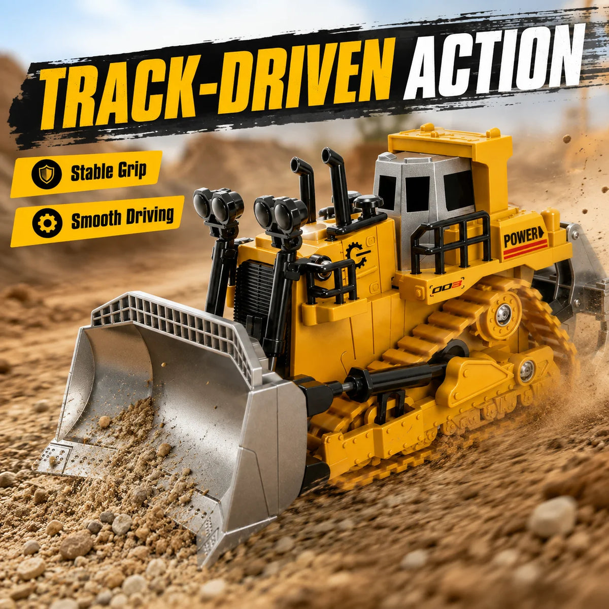 Yellow 1:64 scale remote control forklift with a metal fork driving through dirt.