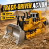 Yellow 1:64 scale remote control forklift with a metal fork driving through dirt.
