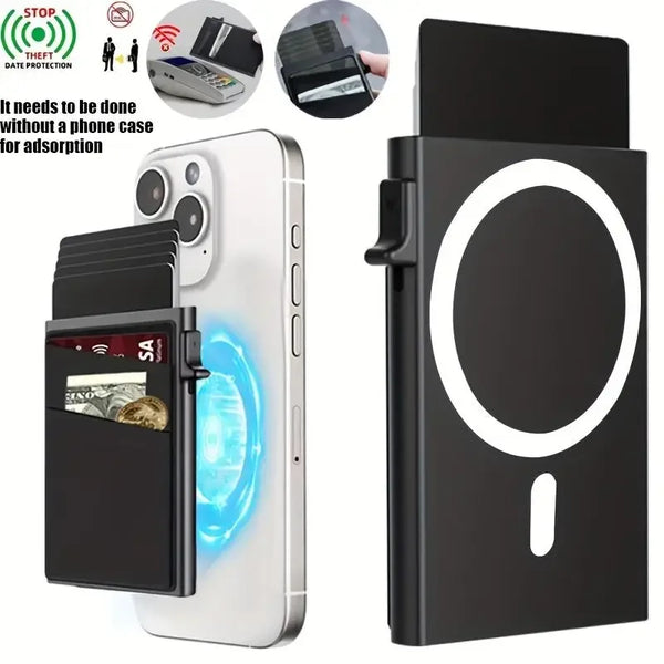 Sujetador de tarjetas pop-up negro para inserción de teléfono, mostrado junto a un smartphone y una versión independiente.