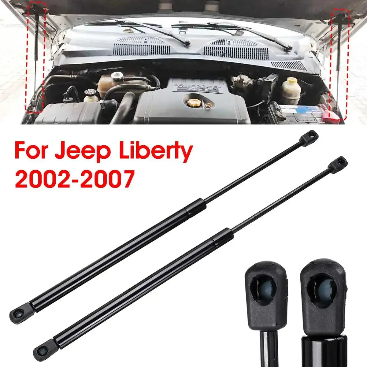 A pair of black heavy-duty hood lift supports for a Jeep Liberty, shown against the engine bay.
