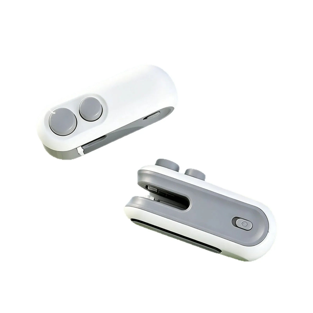A white portable 2-in-1 bag sealer and cutter device with two control buttons.