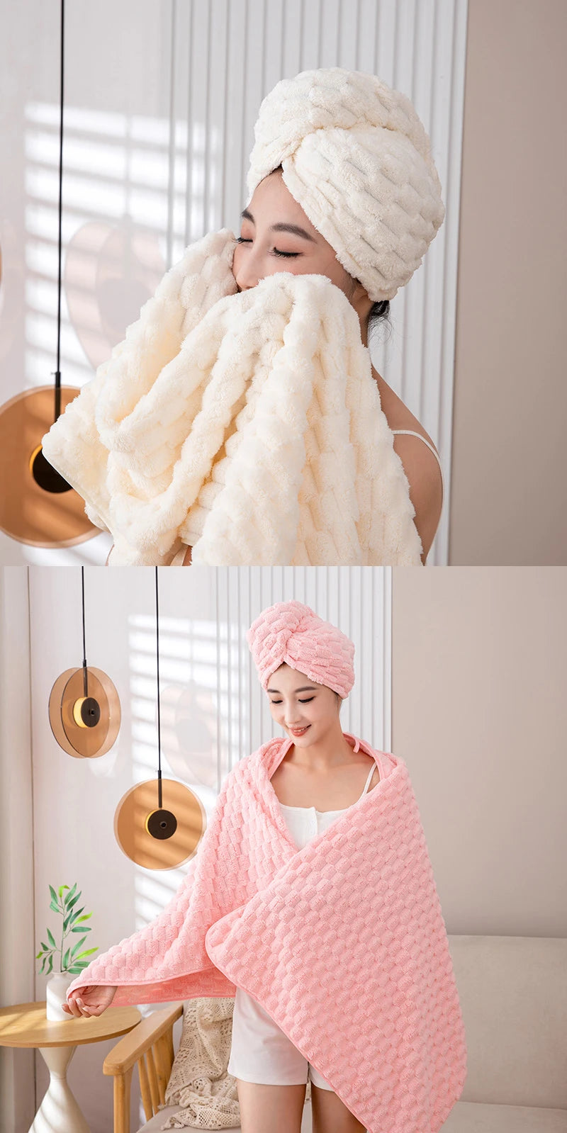 A woman is wrapped in a pink coral velvet bath towel and matching head wrap, looking content.
