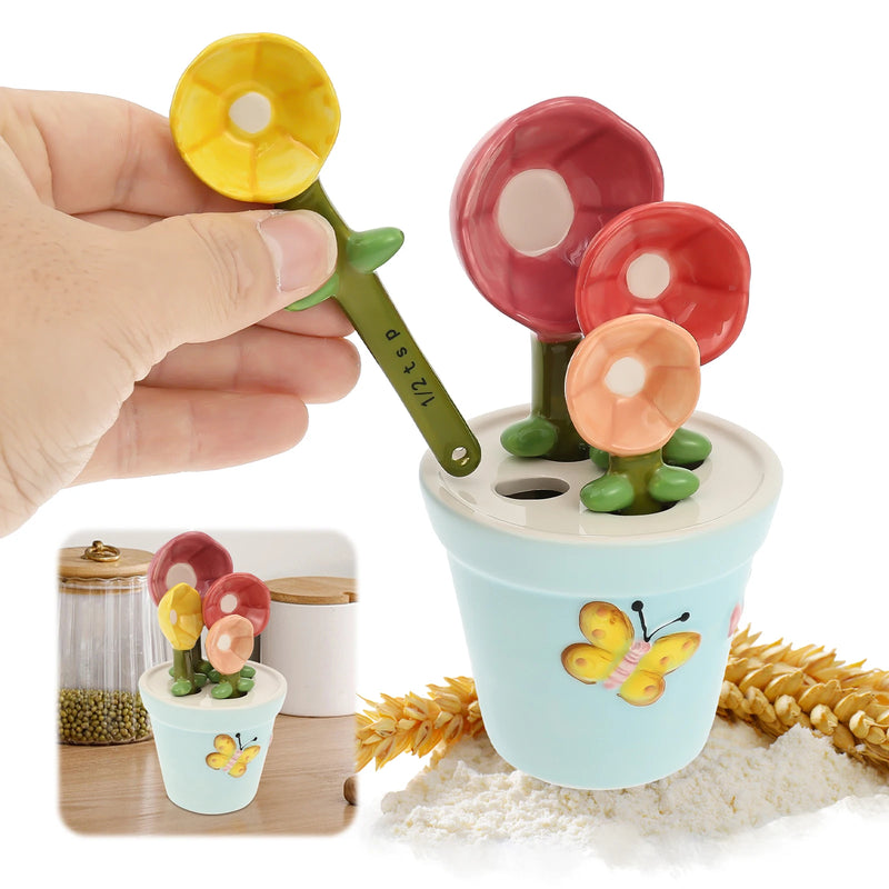 Ceramic Flower-Shaped Measuring Spoon Set with Stand