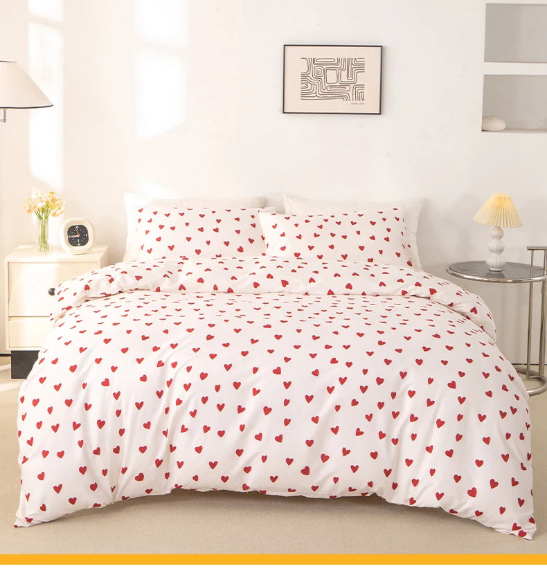 Red Heart Print Duvet Cover Set with Pillowcases