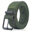 A close-up of a dark olive green tactical nylon belt with a black metal buckle.