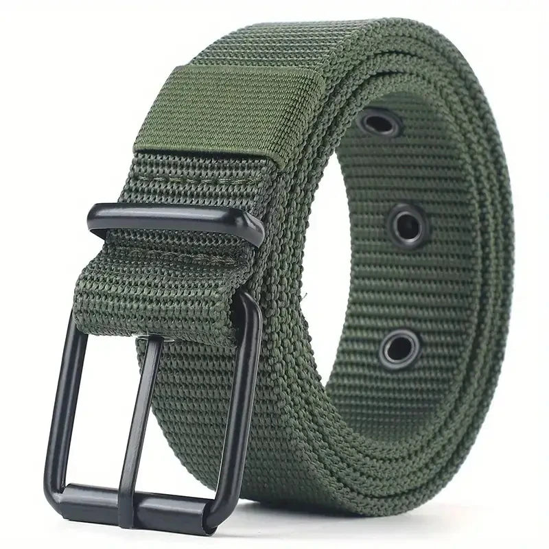 A close-up of a dark olive green tactical nylon belt with a black metal buckle.