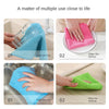 Demonstration of multiple uses for thick microfiber cleaning towels, including wiping a cup, dishes, pool, and desktop.
