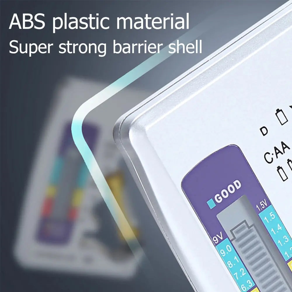 Close-up of an ABS plastic barrier shell protecting a digital battery tester with an LCD display.