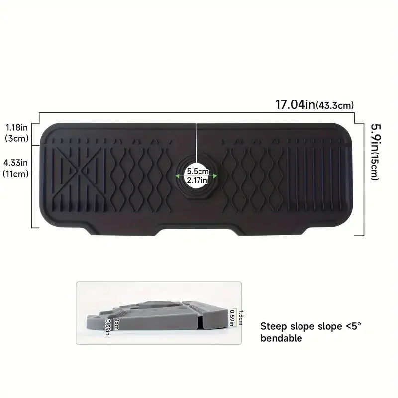 Black non-slip silicone kitchen sink mat with a drain tray and measurements.
