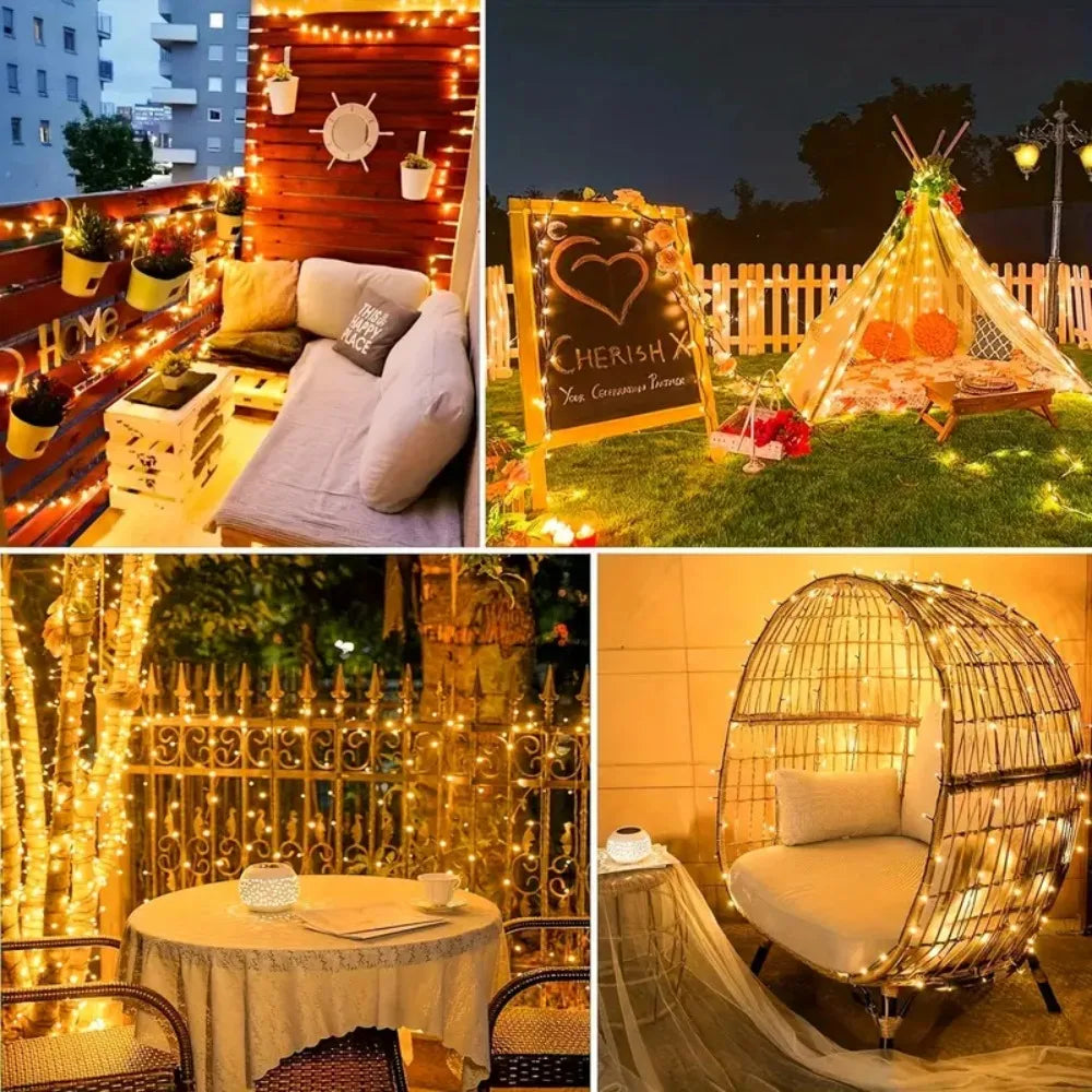 A golden, illuminated teepee tent decorated with string lights and flowers on a grassy lawn at night.