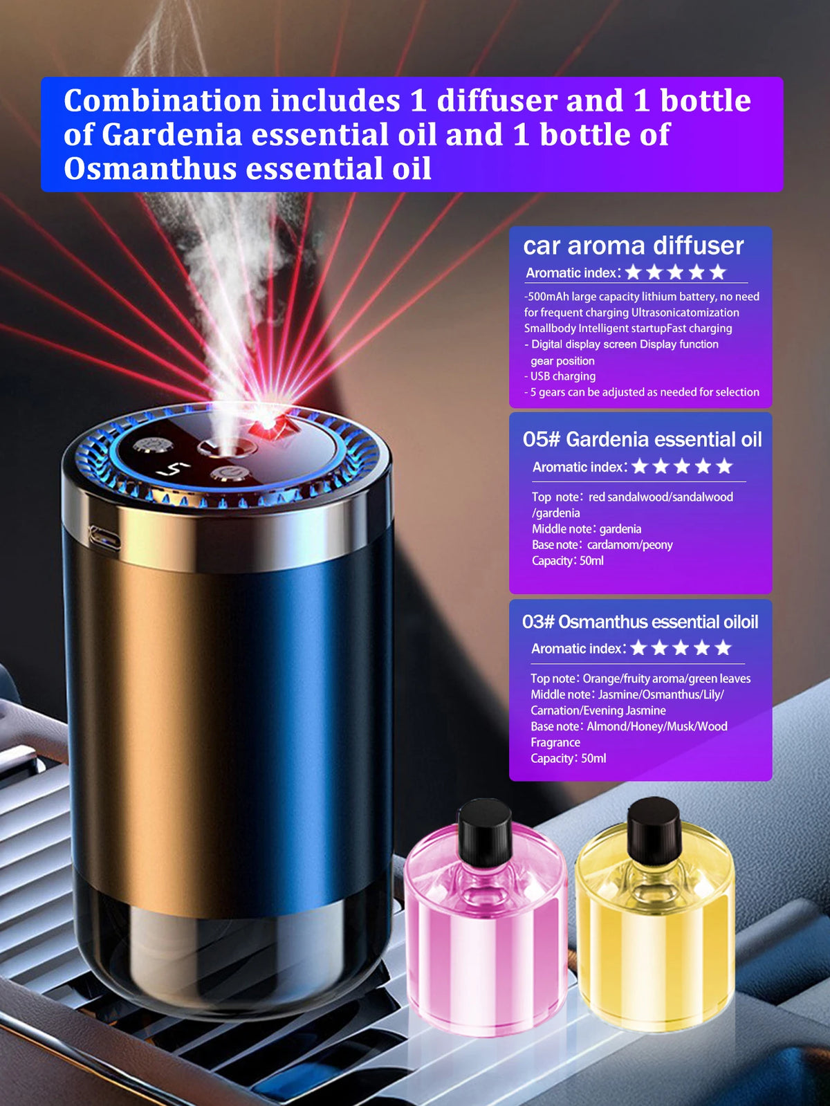 Un kit combiné comprenant un diffuseur et deux flacons d'huile essentielle, présentés sur une surface sombre.
