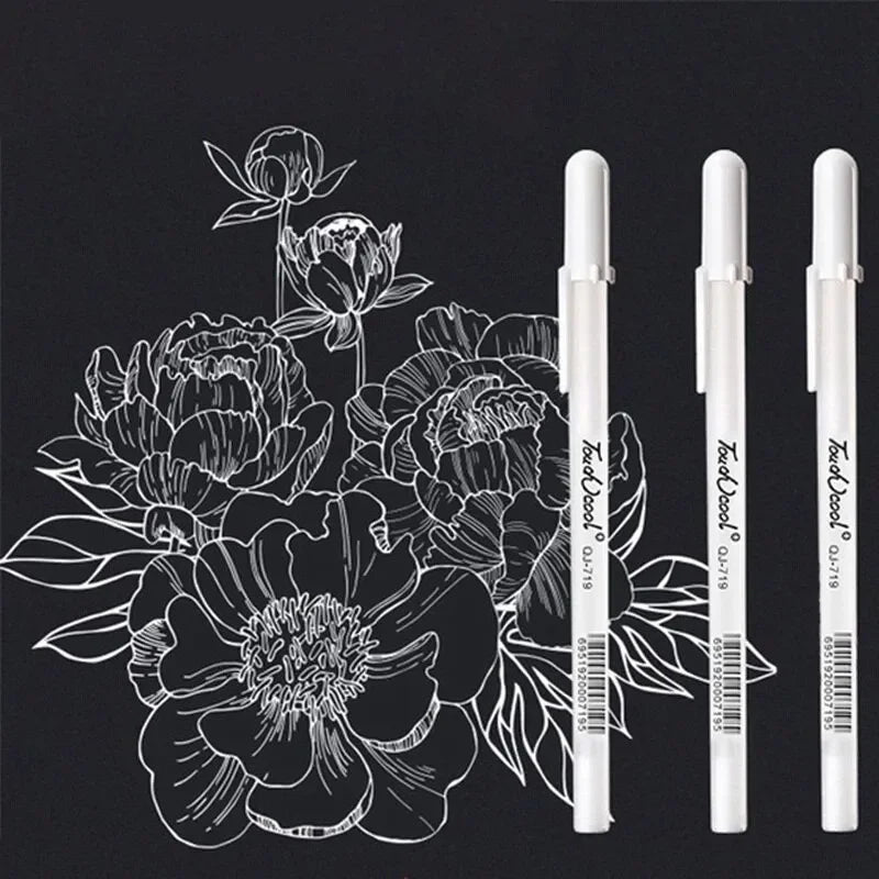 A set of white ink gel pens with fine 0.8mm tips displayed against a black background.