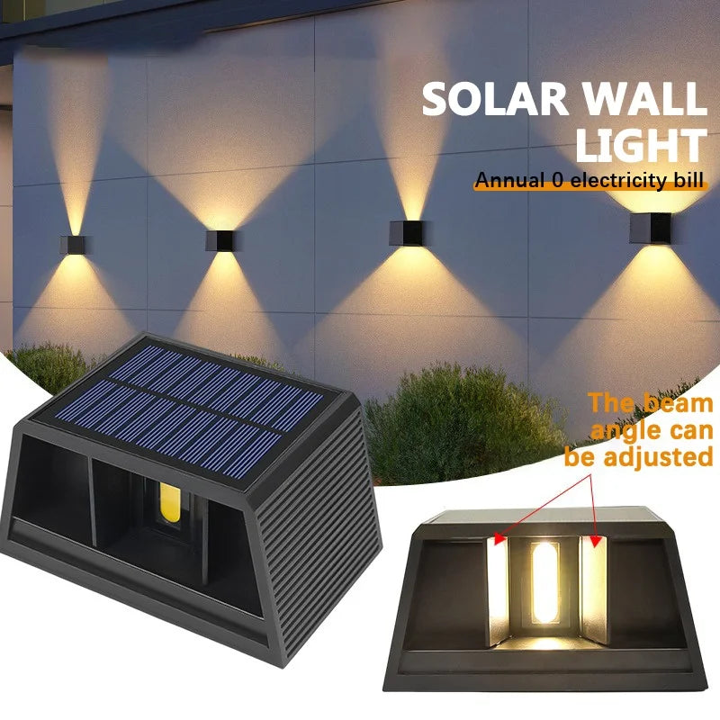 A solar wall light fixture mounted on a building, showing its beam angle and illumination.
