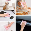 Hands are shown using reusable pink microfiber cleaning cloths to clean a dog, wipe surfaces, and household items.