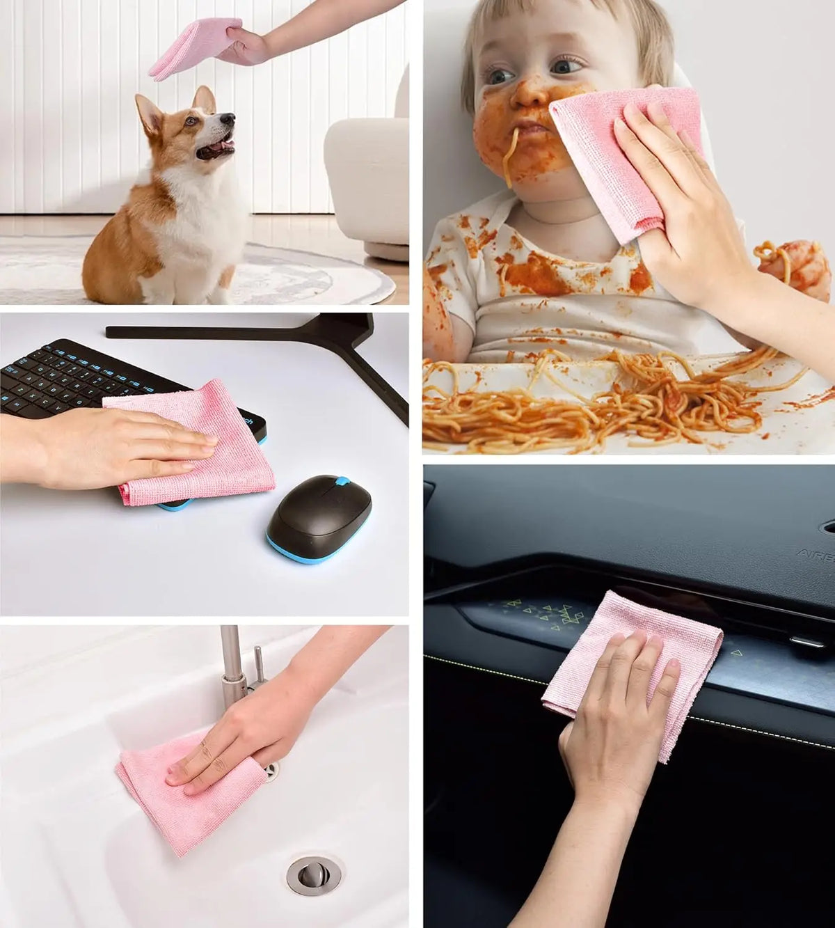 Hands are shown using reusable pink microfiber cleaning cloths to clean a dog, wipe surfaces, and household items.