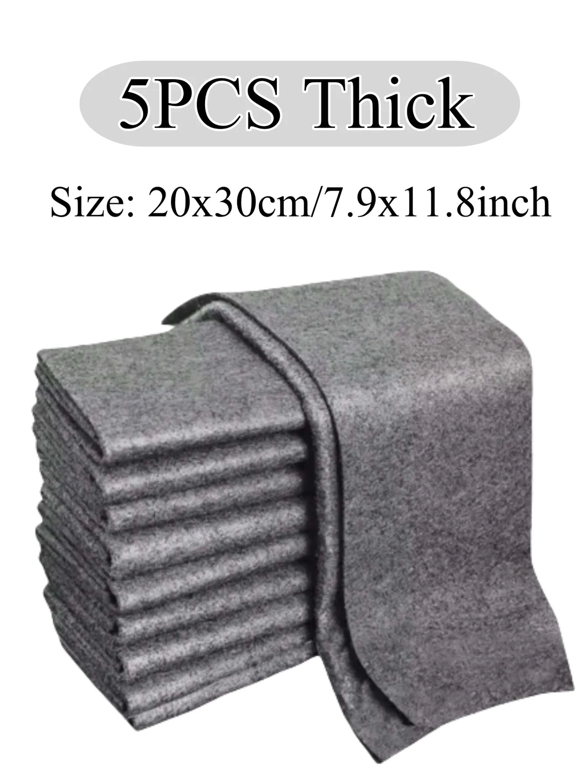 A stack of five thick gray microfiber cleaning cloths, measuring 20x30cm.