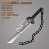 A silver cosplay katana with a black chain, featuring various blade lengths and a handle.