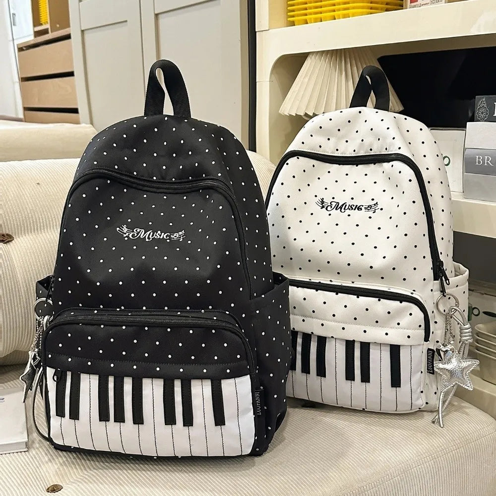 Polka Dot Backpack with Piano Key Design – Large Capacity Travel Daypack