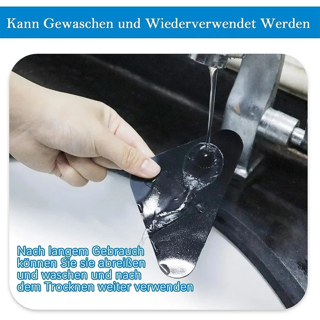 A hand is dripping water onto a black non-slip rug gripper, demonstrating how to clean and reuse the product.