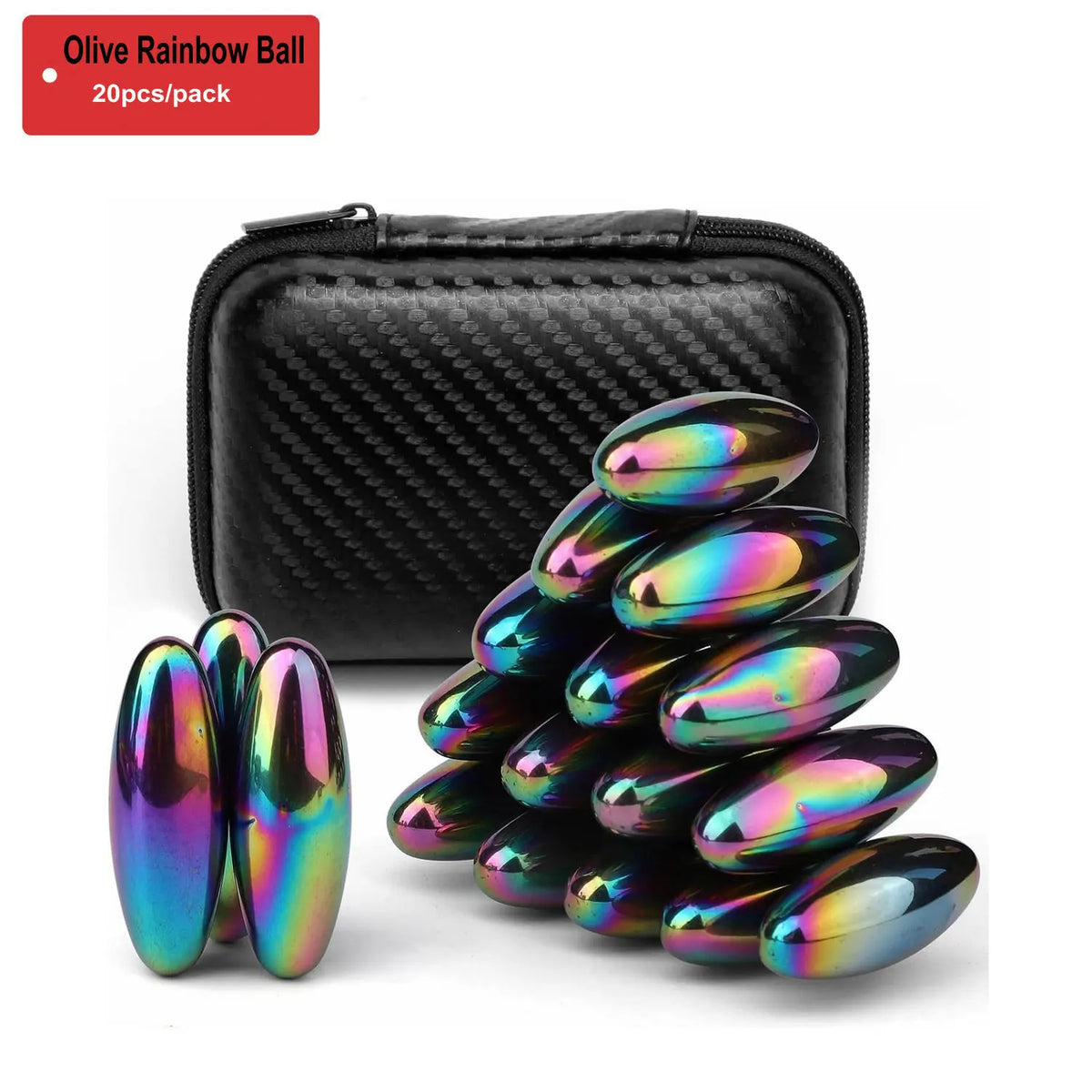 A set of iridescent magnetic fidget balls in various colors displayed next to their black storage case.
