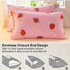 Pink strawberry print pillowcase and duvet cover set shown with an envelope closure design.
