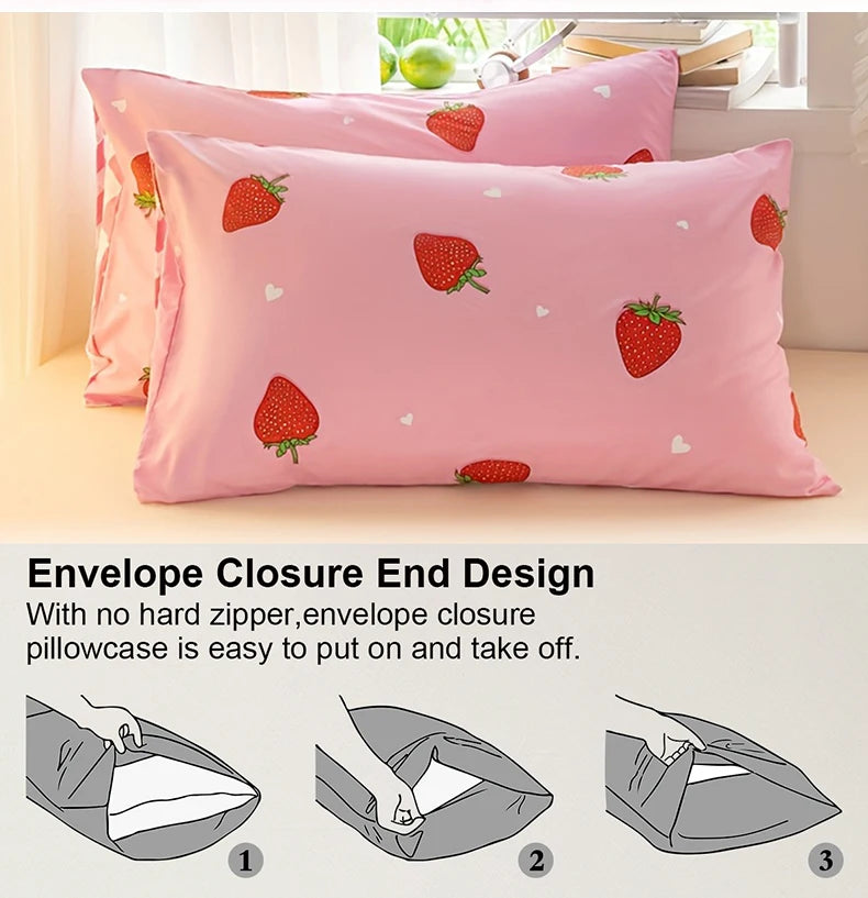 Pink strawberry print pillowcase and duvet cover set shown with an envelope closure design.