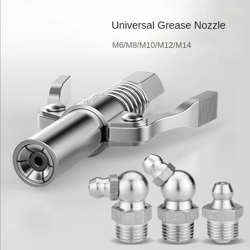 A silver universal grease nozzle and various M6/M8/M10/M12/M14 couplers are shown.