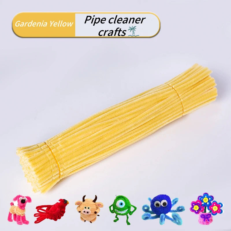 A bundle of yellow pipe cleaners with various animal shapes included in a craft set.