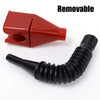 Un entonnoir rouge amovible et un tube noir flexible sur fond blanc.