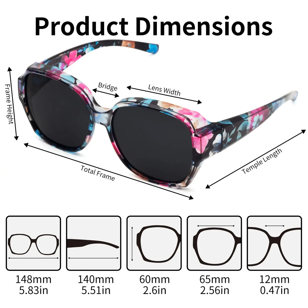 Diagram showing the dimensions of a square fit-over sunglasses frame, including bridge, lens width, and temple length.