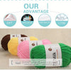 A bundle of bright green acrylic yarn is shown next to pink and yellow yarns on a light background.