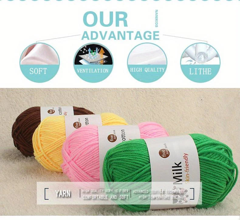 A bundle of bright green acrylic yarn is shown next to pink and yellow yarns on a light background.