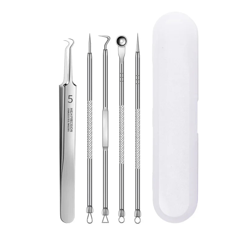 A set of five stainless steel acne and blackhead removal tools with a white protective case.