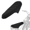 Black waterproof non-slip motorcycle seat cover with anti-slip particles shown on a motorcycle.