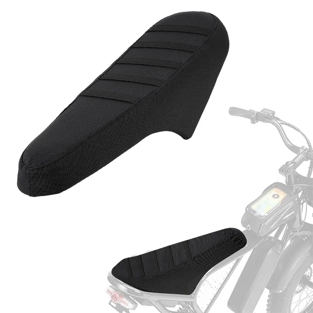Black waterproof non-slip motorcycle seat cover with anti-slip particles shown on a motorcycle.
