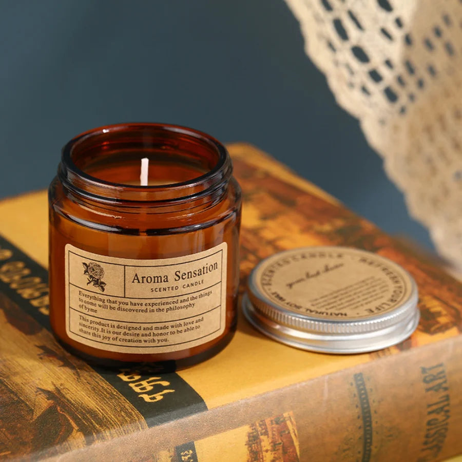 Hand-Poured Soy Wax Aromatherapy Candle in Amber Glass Jar