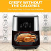 A black air fryer appliance is shown with a roasted chicken inside, surrounded by various food icons.