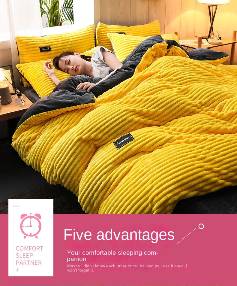 A bright yellow plush corduroy duvet cover set is displayed on a bed, featuring ribbed texture and a black accent.