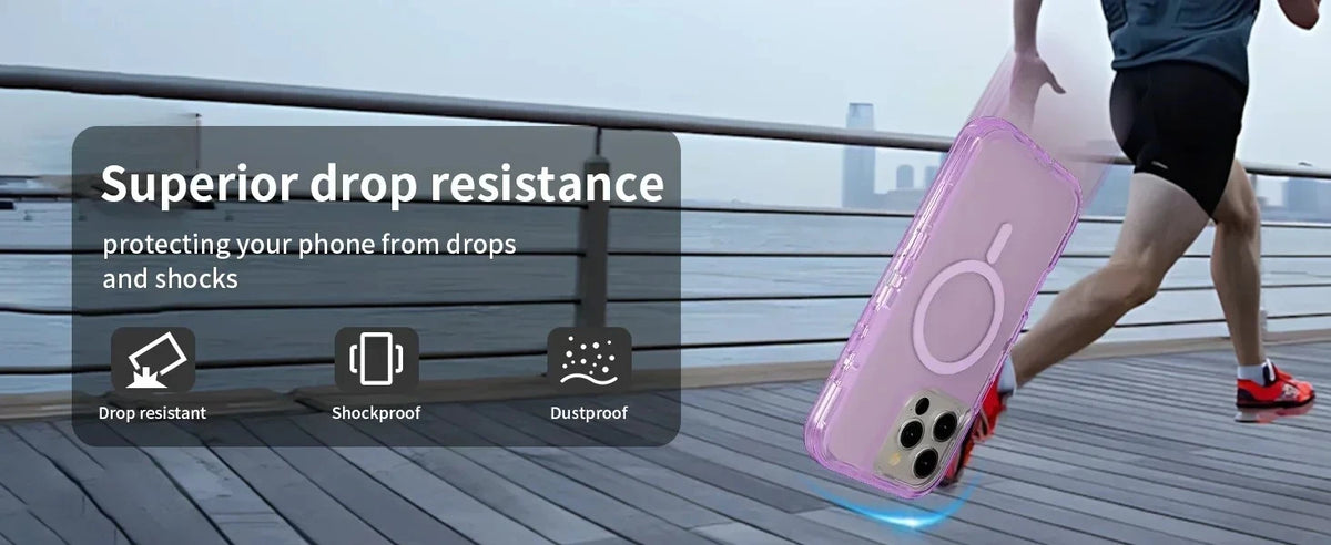 A pink magnetic heavy-duty phone case is shown being used while a person is running outdoors.