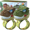 A set of dinosaur head walkie talkies for kids, featuring realistic dinosaur heads and yellow grips.