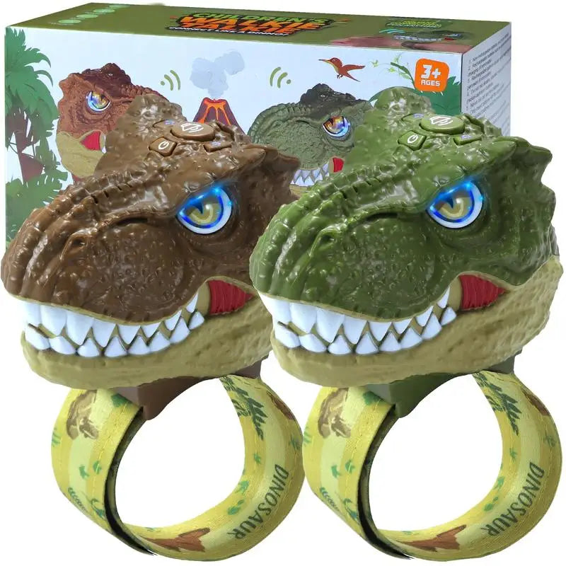 A set of dinosaur head walkie talkies for kids, featuring realistic dinosaur heads and yellow grips.