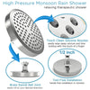 A silver high-pressure monsoon rain shower head with silicone nozzles and brass swivel ball joint for a relaxing therapeutic 