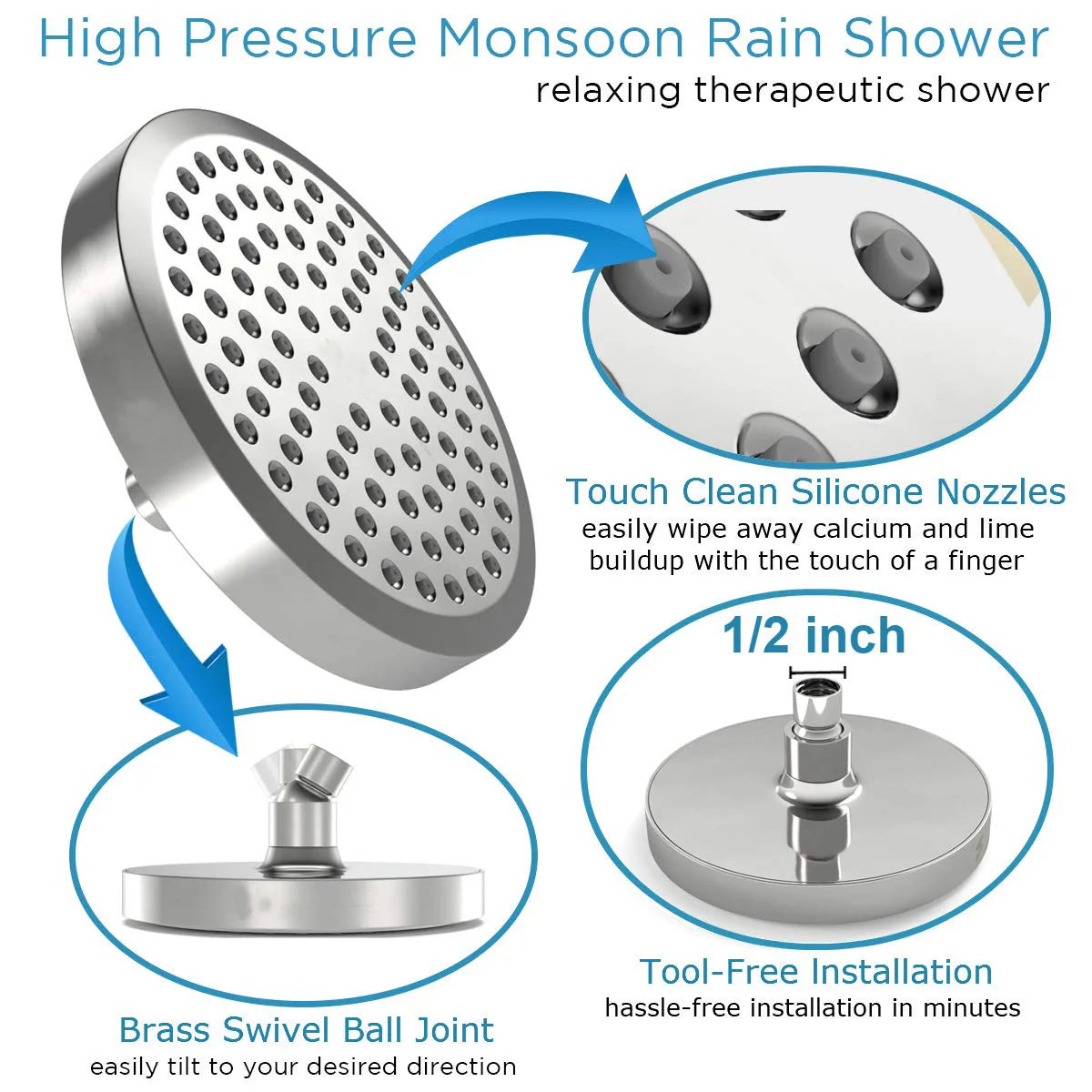 A silver high-pressure monsoon rain shower head with silicone nozzles and brass swivel ball joint for a relaxing therapeutic 