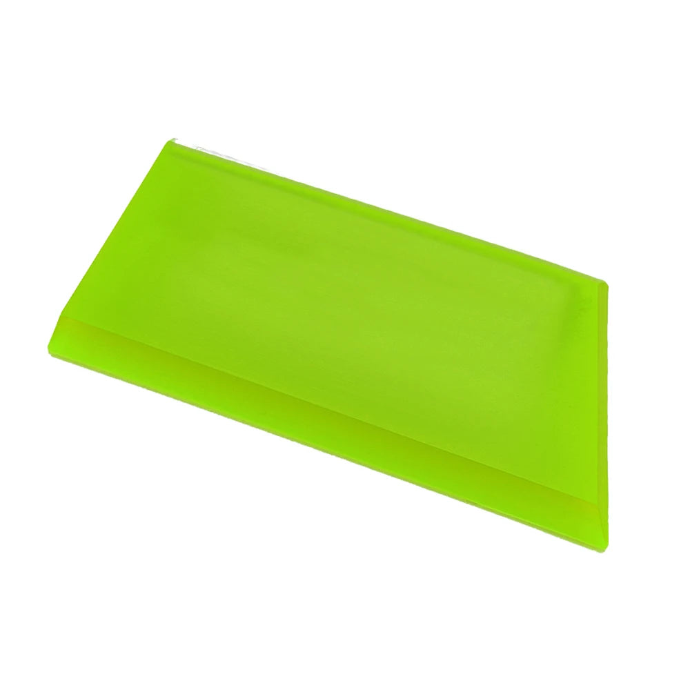 A bright lime green car windshield ice scraper and squeegee tool.