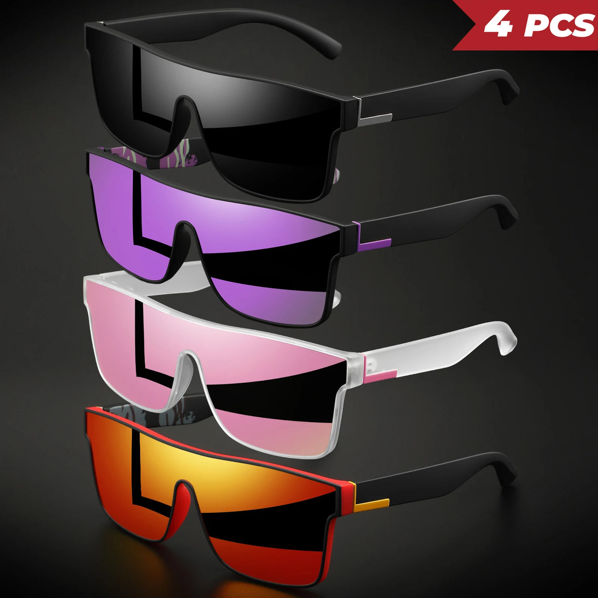 Four pairs of classic square sports sunglasses in various colors including black purple pink and orange.
