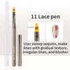 A set of 11 lace pens for nail art, including a brush and various tips for creating textures and lines.