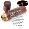 A set of twelve self-threading sewing needles with a wooden storage case and gold-colored metal tip.